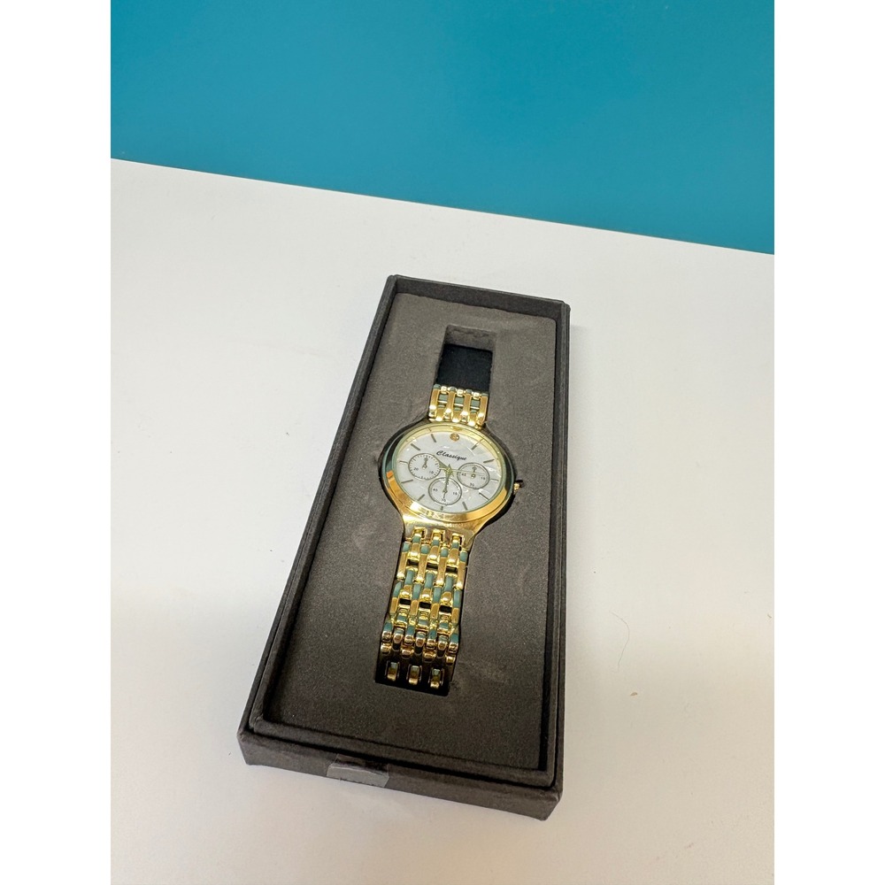 Classique Gold Tone Chronograph Style Watch Mother of Pearl Face Stainless Steel